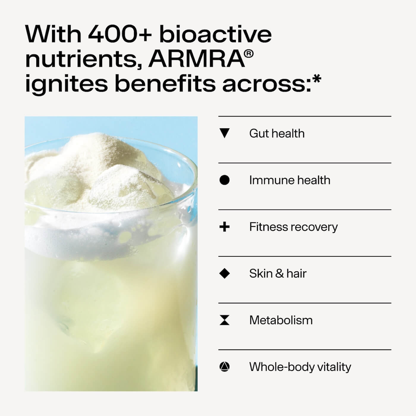 ARMRA artwork mapping bioactive nutrients to gut, immunity, energy, skin, hair, metabolism, and whole-body vitality